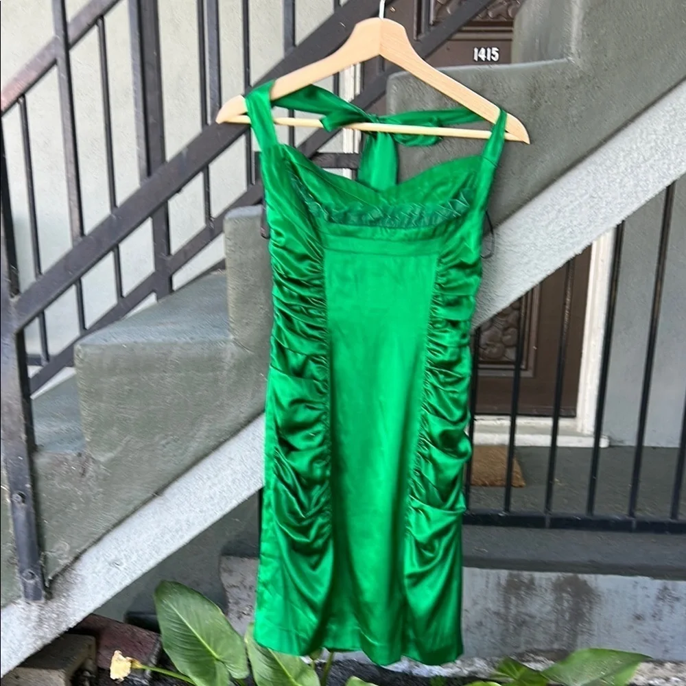 Betsey Johnson Vintage Green Ruched Halter Mini Dress Wedding Guest Formal Sz 4 - Picture 2 of 10
